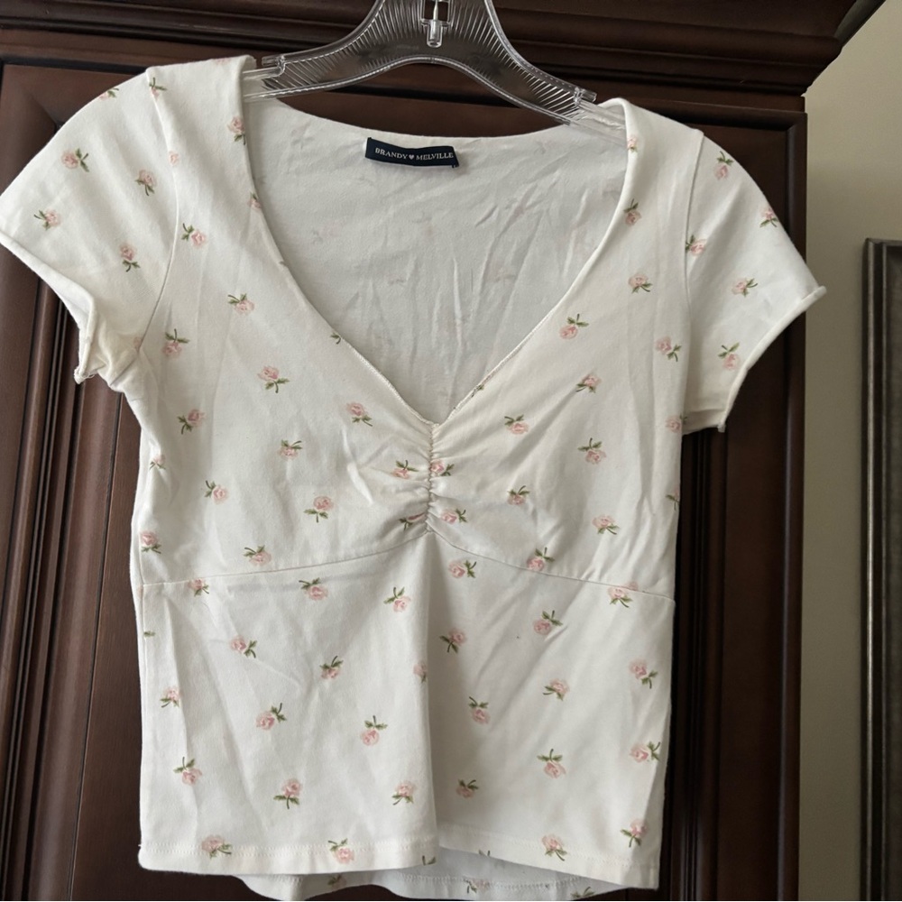 Brandy Melville Cream Top with Pink Floral Design